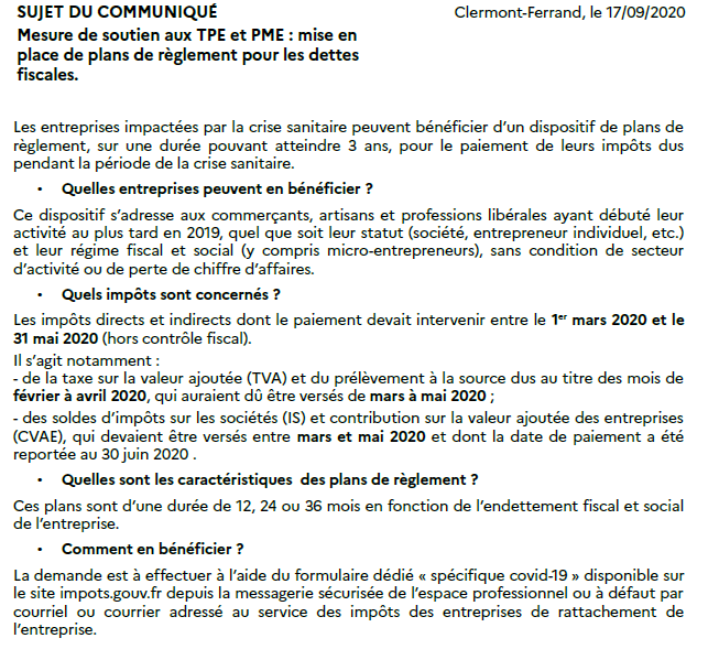 Communiqué De Presse Mesure De Soutien Aux Tpe Et Pme Mise En Place Des Plans De Règlement 